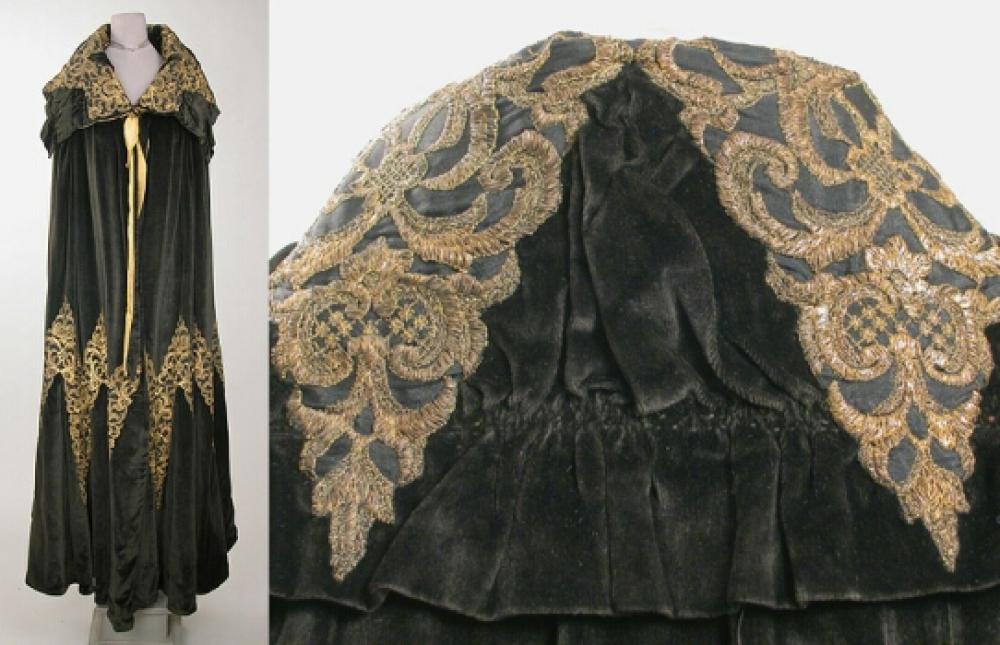 Liberty & Co. Opera Cape

Lot 507
Liberty & Co. Opera Cape
 1920s 
 Black velvet with metallic gold embroidered in a chevron pattern. 
Very good condition.