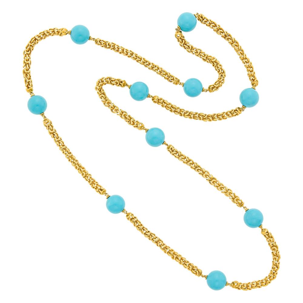 Property from a Prominent Maryland Collection18 kt., ten turquoise beads ap. 14.6 to 14.4 mm., signed V.C.A., no. B4006 T1, ap. 91 dwts. gross. Length 35 inches.

Turquoise beads: medium deep to deep turquoise blue, good luster.Chain width just under 1/4 inch.Bead diameter 1/2 inch.                            
Any condition statement is given as a courtesy to a client, is an opinion and should not be treated as a statement of fact and our Organization shall have no responsibility for any error or omission. Please contact the specialist department to request further information or additional images that may be available.