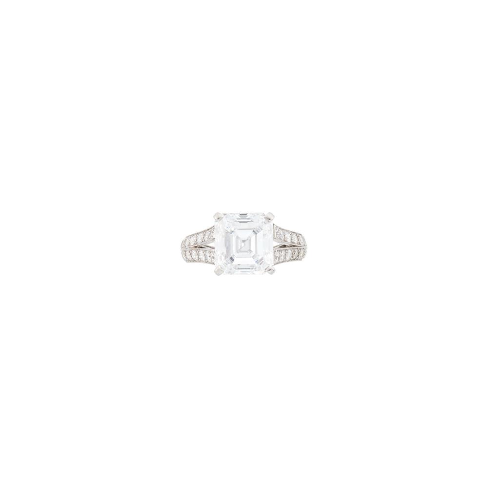 Property of Distinguished CollectorOne cut-cornered step-cut emerald-cut diamond weighing 5.03 cts., 40 round diamonds ap. 1.20 cts., signed Cartier, no. 15113B, with maker’s mark and French assay mark. Size 4 3/4. With signed box.
With GIA report no. 13646754 stating F color, VVS2 clarity.

Diamond: F-VVS2, no fluorescence.                            
Any condition statement is given as a courtesy to a client, is an opinion and should not be treated as a statement of fact and our Organization shall have no responsibility for any error or omission. Please contact the specialist department to request further information or additional images that may be available.