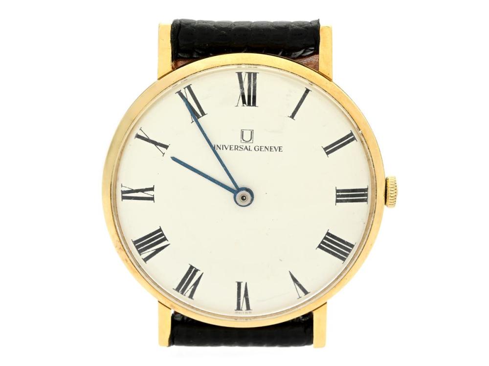 Watches

Universal

UNIVERSAL Genève, men´s wristwatch, 33 mm, Cal 1107, Serial no. 2424261, Case no. 156103-04/270, 18K gold, manual winding, plastic crystal, damaged dial, needs overhaul, leather strap, approx. 1965.