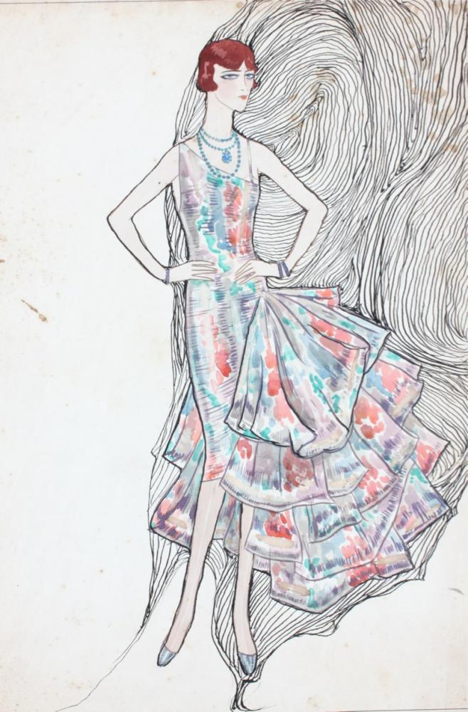 

Elliot Hodgkin fashion sketches, circa 1928-9, each signed in the margin, gouache on artist’s board, day and evening wear ensembles, each approx 35 by 25cm (16)
