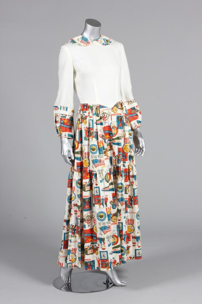

A commemorative ’suffragette’ dress, American, circa 1970, in loose Edwardian style with V-shaped waist and flounced hem, the cotton print incorporating Suffragette slogans from 1900-1920, bust 92cm, 36in.



In 1920 with the passage of the Nineteenth Amendment - women were for the first time given the right to vote across the whole of the United States. This dress is a feminist commemoration of that moment - probably made to celebrate the 50th anniversary of the legislation.
