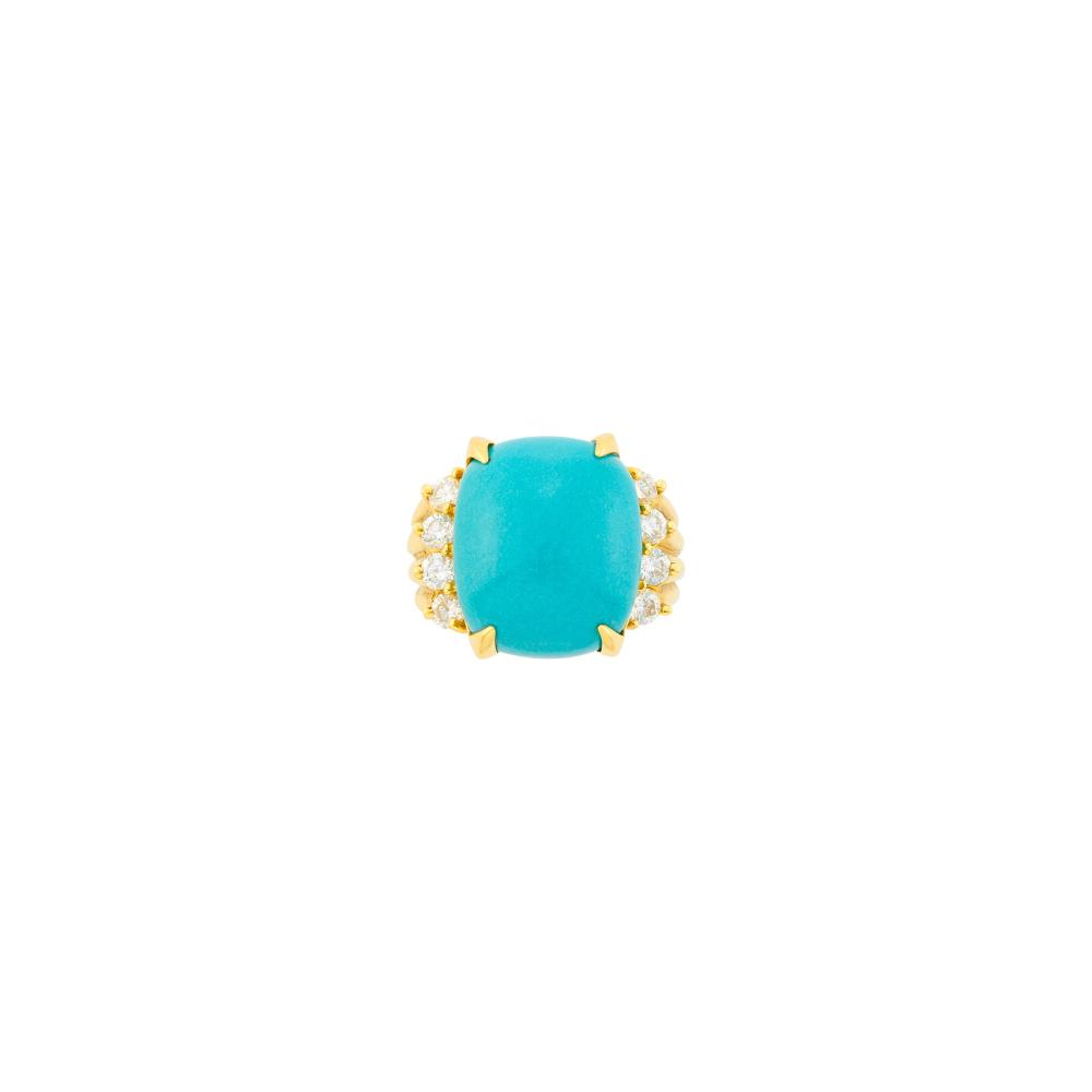 Property of a Distinguished Lady from Athens, Greece18 kt., one cushion-shaped cabochon turquoise ap. 15.7 x 13.3 x 7.6 mm., signed Seaman Schepps, no. 78355, with maker’s mark, ap. 6 dwts. gross. Size 5 1/4.

Turquoise: deep turquoise blue, good luster.Diamonds: G-H-I-VS, one SI.Width 9/16 inch.                            
Any condition statement is given as a courtesy to a client, is an opinion and should not be treated as a statement of fact and our Organization shall have no responsibility for any error or omission. Please contact the specialist department to request further information or additional images that may be available.