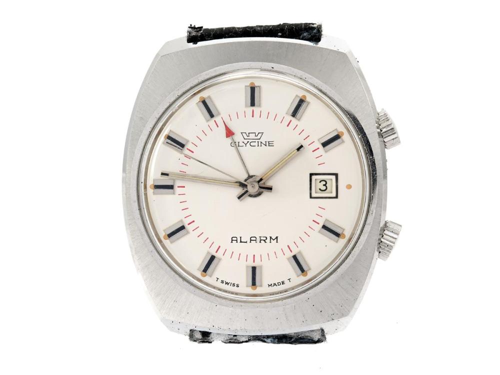 Watches

Glycine

GLYCINE, Alarm (T Swiss Made T), Case no. 1188655 / 396434, men´s wristwatch, 36 mm, steel, manual winding, plastic crystal, date, alarm, leather strap (see detailed info), approx. 1968.

Detailed information