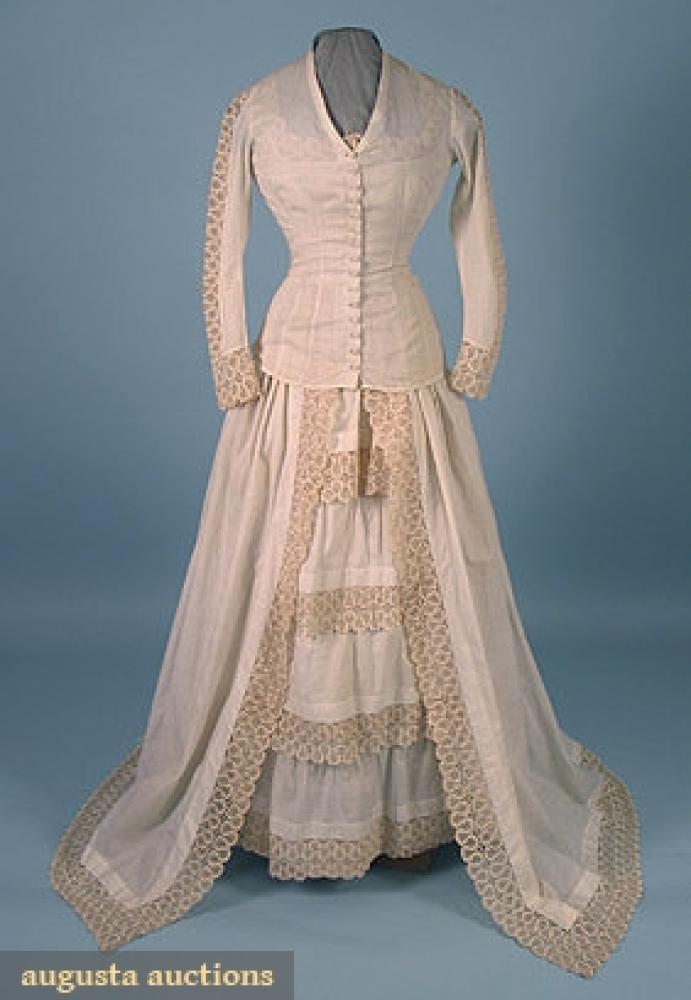 COTTON & LACE WEDDING GOWN, 1878-1880

4 pieces, c/o jacket, under-bodice, skirt & over-skirt, all decorated w/ rick-rack lace, including small cloth flower corsage, B 32", W 22", Front Skirt L 48", excellent.		
Bid Online
Price Realized: $287.75Category:WomensEra:1850-1890
11.7699.1016.809