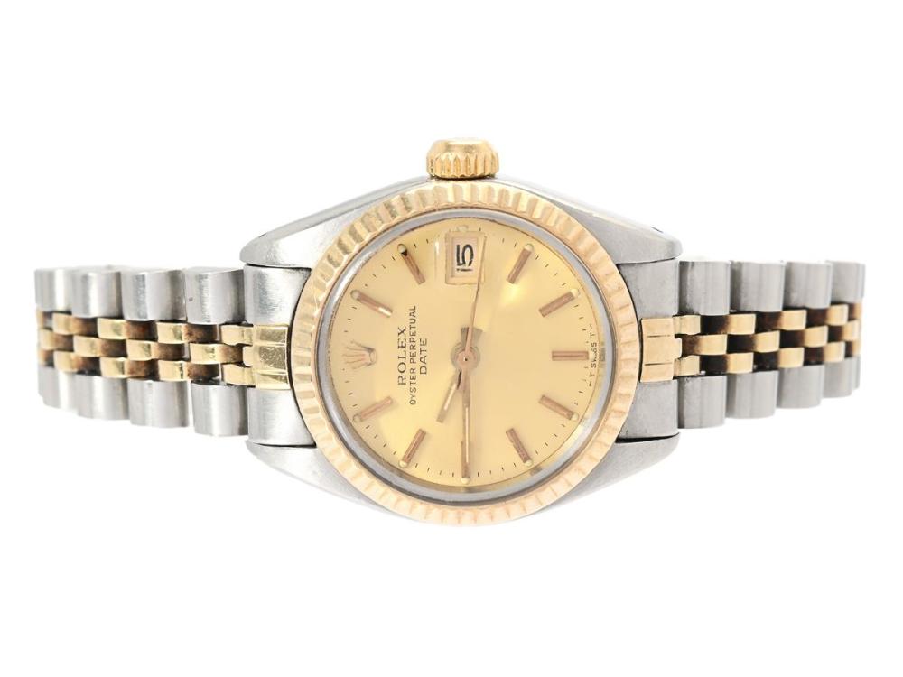 Watches

Rolex

ROLEX, Oyster Perpetual, Date (-T Swiss T-), Ref no. 6917, Serial no. 7037595, Cal 2030, Movement no. 102181, Case no. 6900, ladies´ wristwatch, 26 mm, steel/gold, self winding, plastic crystal, date, damaged dial, Jubilee bracelet (see picture), folding clasp, Ref no. 62523-D14-G8/468 J, approx. 1982, box, paper box.