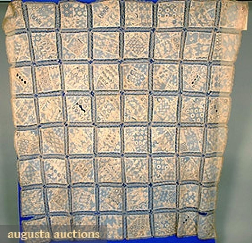 BROIDERIE ANGLAISE LACE SAMPLE QUILT, c. 1900

Blocks of pieced embroidered laces bordered by bobbin lace, 65" square, excellent; t/w similar small pieced sample square, fair.		
Bid Online
Price Realized: $287.50Category:LinensEra:1890-1920
11.7290.781.207