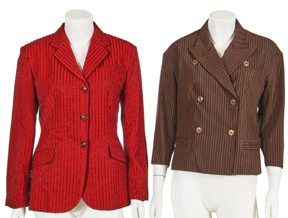 Two Jean Paul Gaultier jackets, ‘Le Couple Adam et Ève, Rastas d’Aujourd’Hui’ collection, Spring-Summer 1991

Two Jean Paul Gaultier jackets, ‘Le Couple Adam et Ève, Rastas d’Aujourd’Hui’ collection, Spring-Summer 1991

both long Femme labels and size 42, comprising: a red wool jacket with beaded pinstripes, slanted flap pockets, notched lapels, padded shoulders, bust 91 cm 36in; a cropped brown wool double-breasted jacket with irregular pinstripes, welted pockets, peaked lapels, bust 91cm 36in (2)

From the Wardrobe of Romilly, Lady McAlpine

Share this lot: