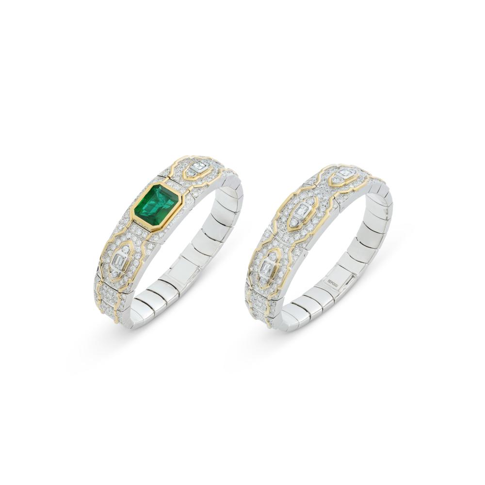 REPOSSI DEUX BRACELETS JONC ÉMERAUDE ET DIAMANTS

Octagonal step-cut emerald, round and octagonal-shaped diamonds, French assay mark for 18K yellow and white gold (750‰), French maker’s mark, Italian maker’s mark, both signed Repossi 
Gübelin, 2026, report n°26050048: measuring approximately 14.20 x 10.90 x 7.50 mm, Zambia, minor resin 
Emerald: for an approximate total weight of 6.00 - 8.00 carats 
Diamonds: for an approximate total weight of 11.50 -12.00 carats  
Size/Dimensions: continuous inner circumference 17.0 cm 
Gross weight: 150.59 grams