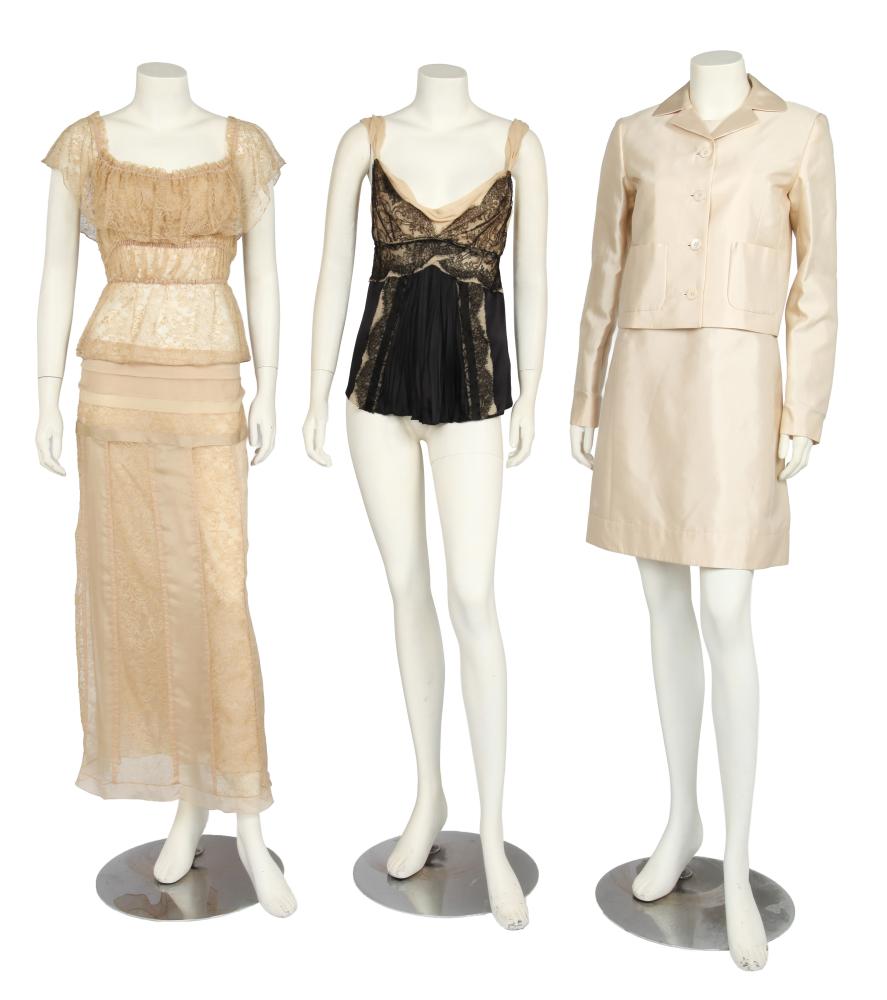 A group of Prada separates, late 1990s

A group of Prada separates, late 1990s

labelled, comprising: a gold lace peasant-style blouse with elasticated off-the-shoulder neckline and elasticated, gathered waist, bust 86cm 34in; a matching lace and chiffon skirt with matching underslip, waist 76cm 30in; a champagne silk suit, the simple 1960s-style dress with high neck, bust 81cm 32in; the matching jacket of boxy cut with two patch pockets, bust 91cm 36in; and a blush chiffon and black lace top with pleated black silk satin to waist, labelled, bust 81cm 32in (6)

Share this lot: