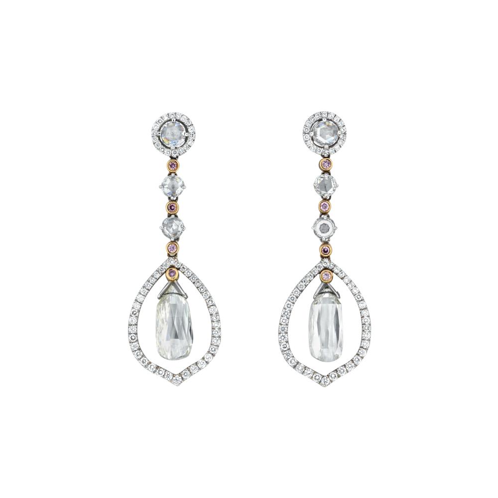 DIAMOND AND COLOURED DIAMOND EARRINGS

Briolette, rose-cut and round diamonds, round pink diamonds, platinum and gold 
Size/Dimensions: 4.4 cm 
Gross weight: 10.8 grams 
Please note that the pink diamonds have not been tested for natural colour.