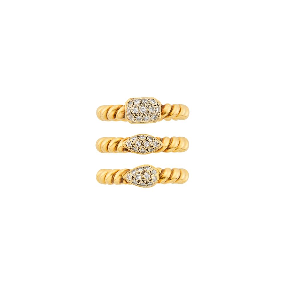 A Distinguished Calabasas Family14 kt. yellow and white gold, 33 small round diamonds ap. .70 ct., ap. 19 dwts. Size 6 1/2.

Diamonds: I-J-VS-SI, one chipped.Band widths 1/8 inch.                            
Any condition statement is given as a courtesy to a client, is an opinion and should not be treated as a statement of fact and our Organization shall have no responsibility for any error or omission. Please contact the specialist department to request further information or additional images that may be available.