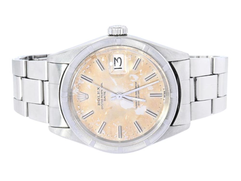 Watches

Rolex

ROLEX, Oyster Perpetual, Date, Chronometer, Ref no. 1501, Serial no. 2818736, Cal 1570, Movement no. D927836, Case no. 1501 (II.71), men´s wristwatch, 35 mm, steel, self winding, plastic crystal, date, damaged dial (see detailed info), needs overhaul, Oyster bracelet (Folded/no alteration), folding clasp, Ref no. 7835/357, manufactured second quarter 1971.

Detailed information