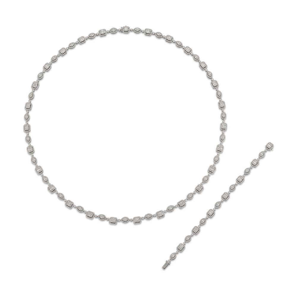 ILLUSION-SET DIAMOND NECKLACE AND BRACELET SET

Circular-, baguette-, marquise- and princess-cut diamonds, necklace and bracelet may be joined to from a longchain necklace 
Size/Dimensions: necklace 69.0 cm, bracelet 18.0 cm, longchain necklace 87.0 cm 
Gross Weight: 73.1 grams