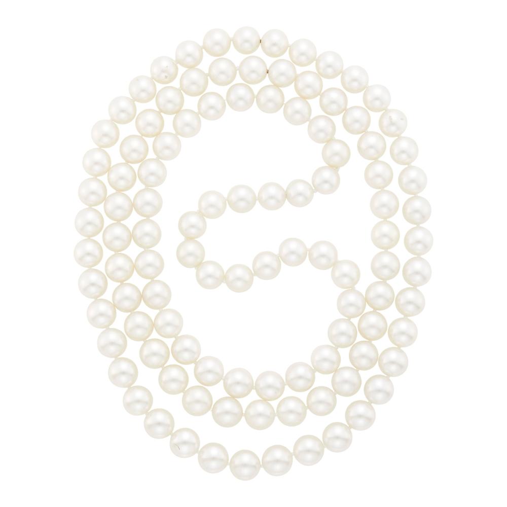 Property from a Prominent Maryland Collection32 pearls ap. 13.0 to 12.0 mm., 35 pearls ap. 12.8 to 11.8 mm., 39 pearls ap. 13.0 to 12.0 mm., concealed screw-in clasps. Lengths 16 3/8, 17 3/4, 19 7/8 and 53 inches.

Pearls: white with rose and green orient, overall cleanish, some minor dimples/blemishes, thick nacre, very good luster.                            
Any condition statement is given as a courtesy to a client, is an opinion and should not be treated as a statement of fact and our Organization shall have no responsibility for any error or omission. Please contact the specialist department to request further information or additional images that may be available.