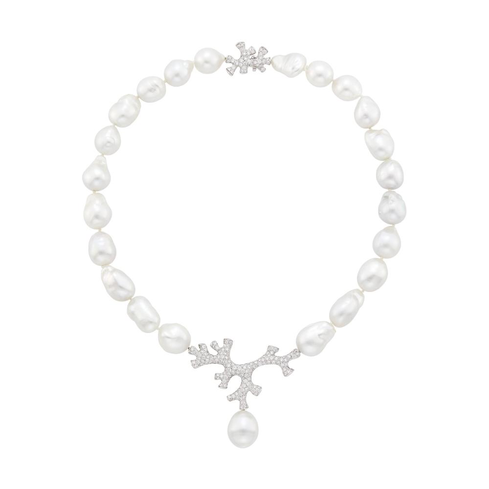 Property from the Collection of Augusta Patton22 pearls ap. 21.0 x 14.3 to 15.0 x 13.0 mm., one modified oval pearl ap. 19.0 x 15.0 mm., round diamonds ap. 5.75 cts., signed Angela Cummings Assael. Length 18 1/2 inches.

Pearls: white with rose and green orient, typical ripples, indentations and pronounced bubbles, varied shapes, very good luster.Diamonds: G-H-I-VS.Center section 2 1/4 x 1 1/8 inches                            
Any condition statement is given as a courtesy to a client, is an opinion and should not be treated as a statement of fact and our Organization shall have no responsibility for any error or omission. Please contact the specialist department to request further information or additional images that may be available.