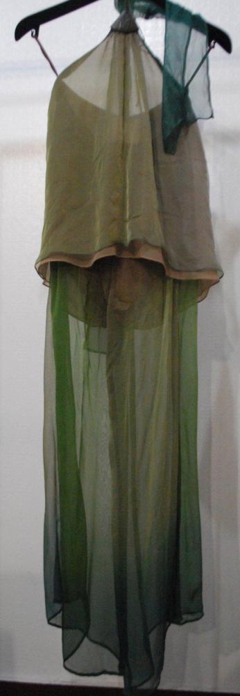 Thierry MUGLER couture

Ensemble en mousseline vert, marron en dégradé composé d’un pantalon, d’un haut à encolure américaine sur dos nu et d’une ceinture. Griffe bleue, graphisme lamé argent, noir