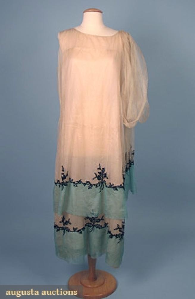 SEQUINED SILK TULLE EVENING DRESS, 1920s

2 tiers of cream tulle w/ green tulle bands over pale pink chiffon, decorated w/ small black sequin floral bands, owner’s label "Miss E. R. Rice New York", B 38", H 40", L 49", (few pin holes) excellent.		
Bid Online
Price Realized: $184.00Category:WomensEra:1920-1949
11.7575.964.502