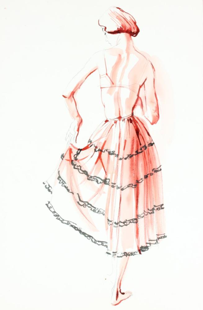 

A René Bouet Willaumez fashion illustration of a Schiaparelli petticoat, 1951, pencil, pink watercolour washes on white artist’s board, depicting a ruffled petticoat, 42 by 28cm; together with a girl with a dove in acid green and black gouache, 34 1/2 by 29cm (2)



Provenance: Sale of the artist’s studio, Passion for Fashion, Sotheby’s 25th November, 1998 lot 311. The petticoat image was published in American Vogue, November 1st, 1951 p.133.
