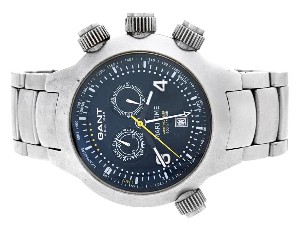 Watches

Gant

GANT, Maritime, Yachting Timer (500m/1650ft), Volvo Ocean Race 2005-2006, "Tachymetre", Case no. 5822, men´s wristwatch, 45 mm, steel, quartz, sapphire crystal, date, defect (not working, needs overhaul), integrated original bracelet, folding clasp, approx. 2006.