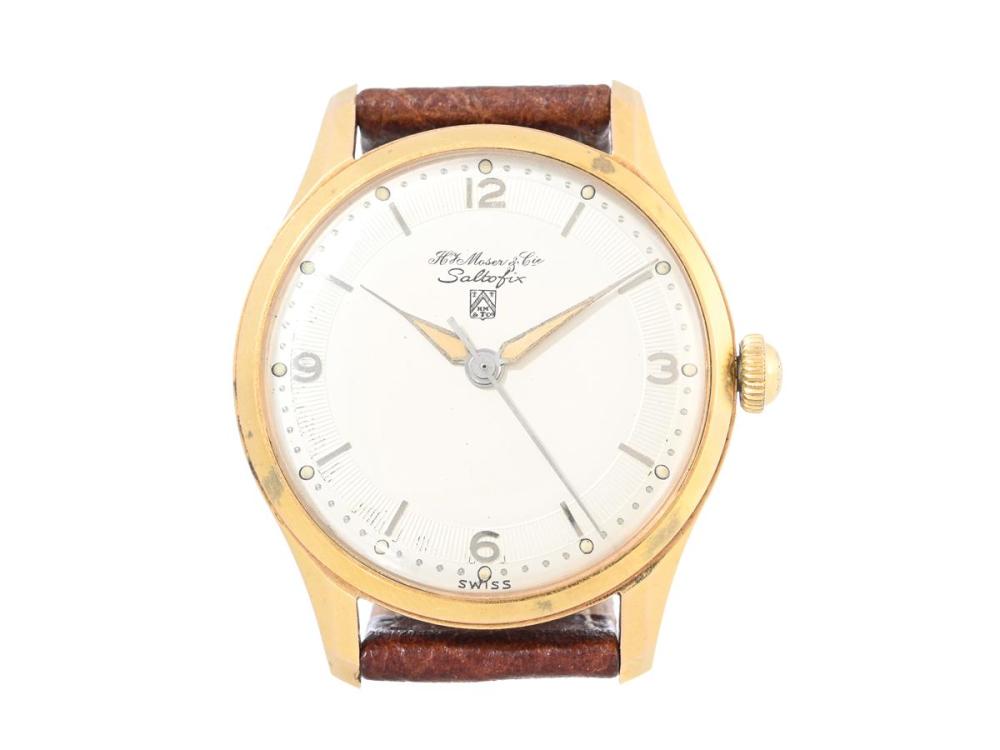 Watches

Moser & Cie

H.Y.MOSER & CIE, Saltofix, s.c. "Dead Beat", Cal Chezard 116, Movement no. 504187, Case no. 1633210, men´s wristwatch, 35 mm, gold plated, manual winding, plastic crystal, damaged dial, leather strap, approx. 1956.