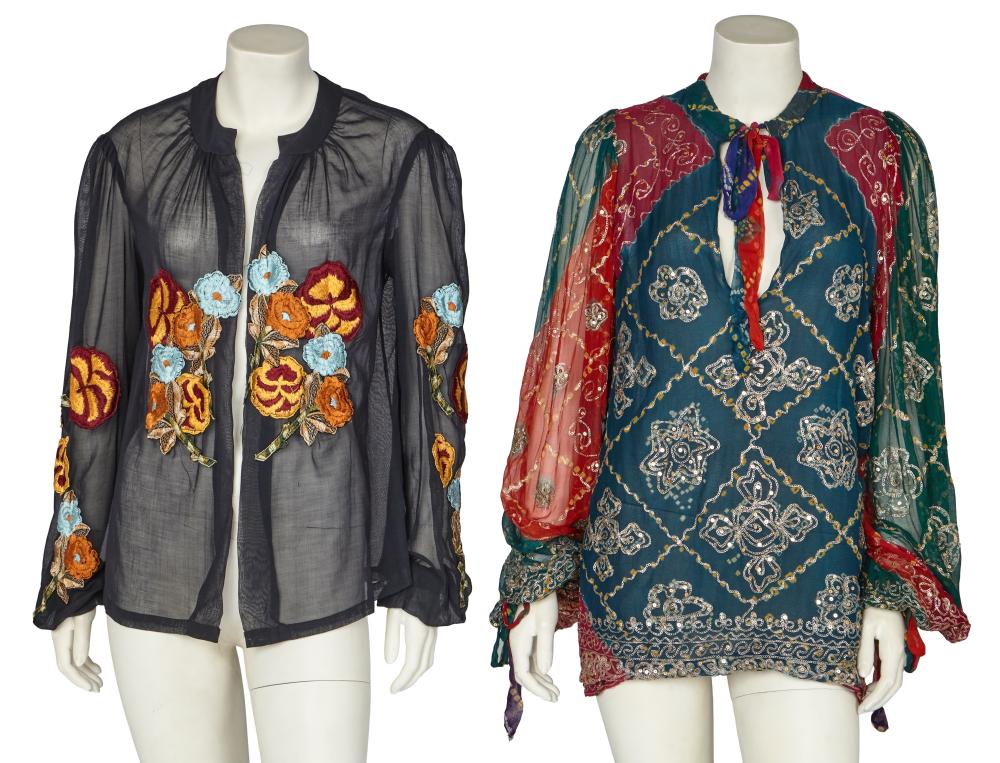 Two Thea Porter embellished tops, 1970s

Two Thea Porter embellished tops, 1970s

comprising: a red and green block-printed chiffon and tie-dye blouse,1976, adorned with sequins and silver chainstitch embroidery, ties to neck and cuffs; a black muslin jacket appliquéd with colourful pansies and other blooms to the front and the sleeves; together with a quantity of similar embroidered floral motifs, busts 97cm 38in (qty)

Provenance: the late Lola Yearwood collection

Share this lot: