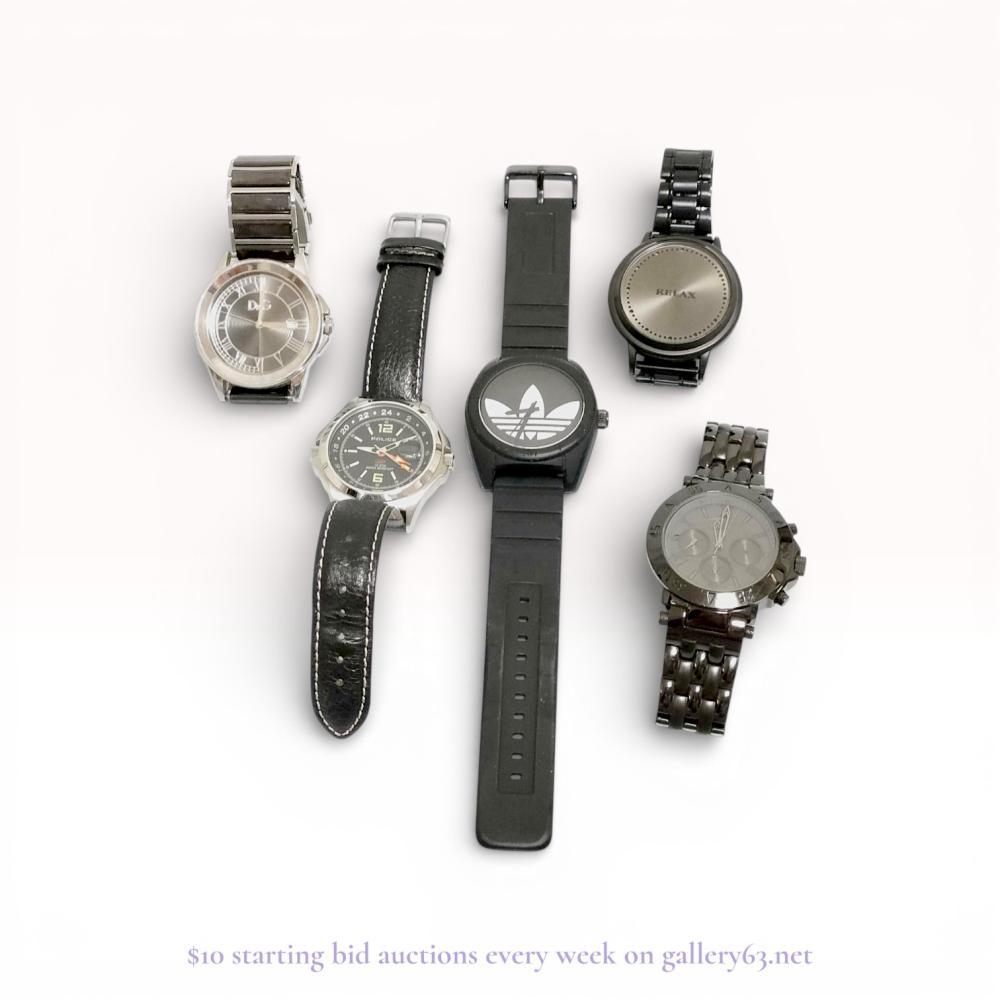 Description
Police GMT 10 ATM quartz movement with stainless steel case and black dial on leather strap; Adidas Originals Santiago ADH2853 quartz movement with black resin case and Trefoil logo dial on rubber strap; D&G Dolce and Gabbana Time quartz movement with stainless steel case and sunray grey dial on stainless steel bracelet; RELAX minimalist quartz movement with black coated metal case and dial on link bracelet; D&G chronograph style quartz movement with black coated stainless steel case and black-out dial on link bracelet. No serial numbers, boxes, or papers present. Case sizes approximately 40mm to 48mm.