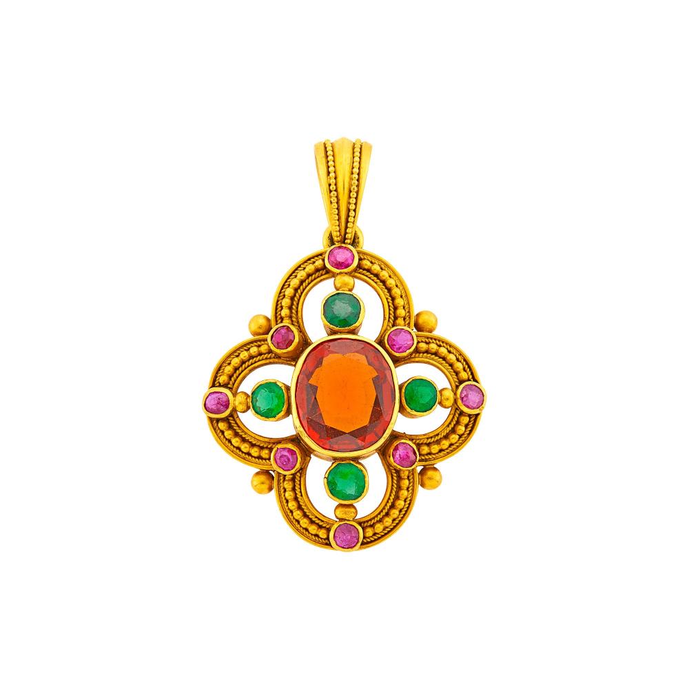 Property from a Prominent Maryland CollectionOne oval orange garnet ap. 6.00 cts., 4 round emeralds, 8 round rubies, circa 1900, ap. 7.4 dwts.

Orange garnet: deep burnt slightly reddish orange, cleanish, several minor chips on table edge and facet junctions, minor abrasions, lively.Emeralds: medium deep green, slightly included, lively.Rubies: bright medium to medium deep slightly pinkish red, slightly to moderately included, lively.1 13/16 x 1 1/4 inches.                             
Any condition statement is given as a courtesy to a client, is an opinion and should not be treated as a statement of fact and our Organization shall have no responsibility for any error or omission. Please contact the specialist department to request further information or additional images that may be available.