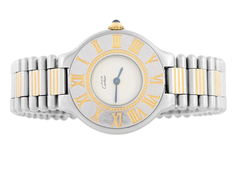 Watches

Cartier

must de CARTIER, Must 21, Cal 81, Case no. 901033175, ladies´ wristwatch, 28 mm, bicolour, quartz, mineral crystal, integrated original bracelet (damaged, see picture), folding clasp, length 165 mm, certificate, august 1987.