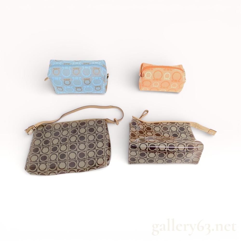 Description
Authentic Salvatore Ferragamo cosmetic pouch set comprising four pieces in coordinated sizes. Set featuring canvas bodies with repeating Gancini motif and enamel-finished detailing, finished with zip closures. Includes two larger pouches and two smaller pouches in complementary colorways. Designed for organized storage and travel use, presented as a matching Ferragamo accessories group.