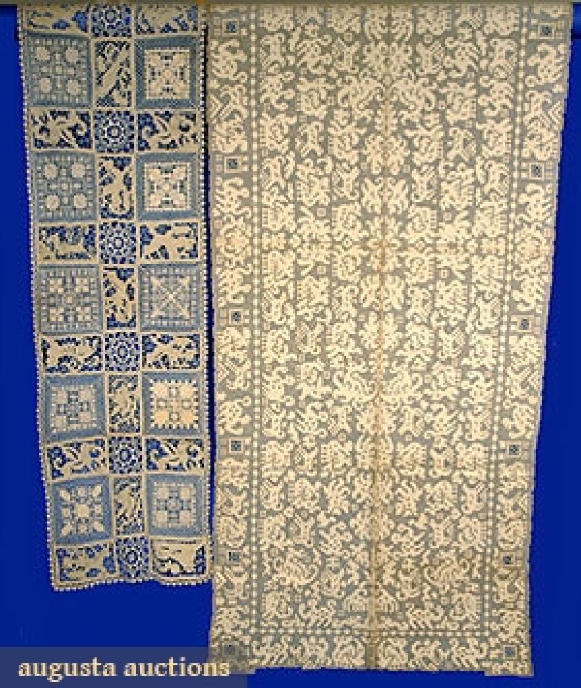 2 HANDMADE LACE TABLE RUNNERS, EARLY 20th C.

Both cream & w/ animal figures: 1 punch work w/ reticella inserts, 32" x 82"; 1 block pattern w/ cutwork & darned filet lace, 17" x 54", excellent.		
Bid Online
Price Realized: $207.00Category:LinensEra:1890-1920
11.7088.739.185
