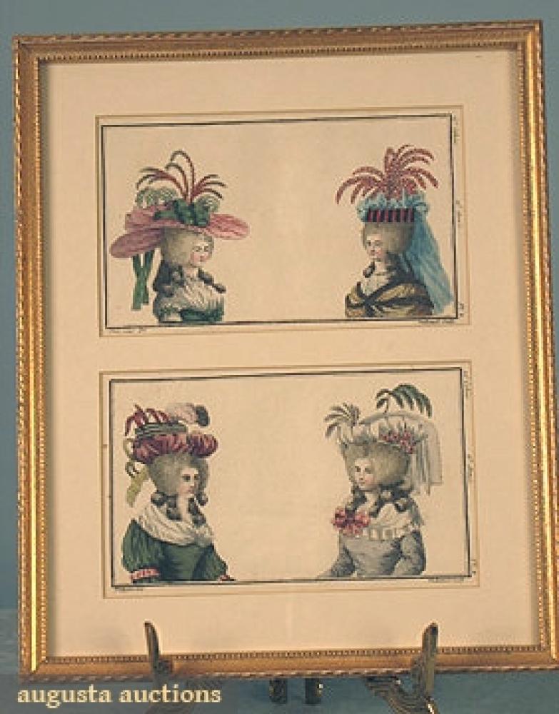 ORIGINAL FRENCH FASHION PRINT, 1786

2 hand-colored prints, each of 2 ladies facing each other in fashionable hats of the period w/ upright feathers, from "Magasin des Modes Nouvelles", late 20th C mat & gold frame, excellent.		
Bid Online
Price Realized: $230.00Category:EphemeraEra:18th C
11.7628.945.556