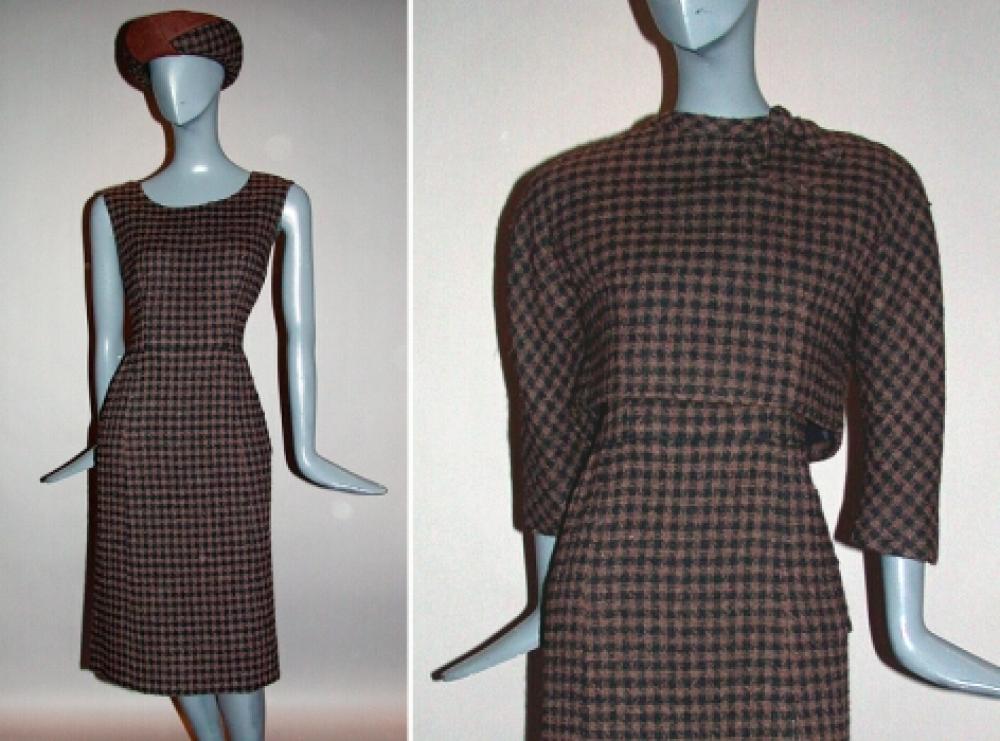 Balmain Black and Brown Wool Plaid Three-Piece Ensemble

Lot 539
Balmain Black and Brown Wool Plaid Three-Piece Ensemble
 French, circa 1963 
 Comprising a sleeveless sheath and waist length boxy jacket with low round neck, and hat with turned up brim, size 8, labeled: Pierre Balmain/Paris and tape label no.: 124156.
Very good condition, skirt lengthened.