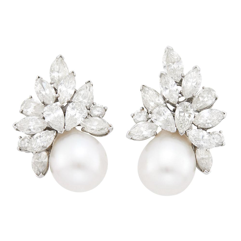 Property of a Distinguished Lady from Athens, Greece4 round, 6 pear and 14 marquise-shaped diamonds ap. 11.50 cts., 2 drop-shaped pearls ap. 16.4 x 13.7 and 17.2 x 13.8 mm., signed Van Cleef & Arpels N.Y., no. 2601 S.O.

Diamonds: F-G-H-VS, one pear-shaped in each earclip J color.Pearls: white with rose and green orient, cleanish, crease at top tip of one pearl, thick nacre, very good luster.Clip-backs. 1 3/8 x 7/8 inches.                            
Any condition statement is given as a courtesy to a client, is an opinion and should not be treated as a statement of fact and our Organization shall have no responsibility for any error or omission. Please contact the specialist department to request further information or additional images that may be available.