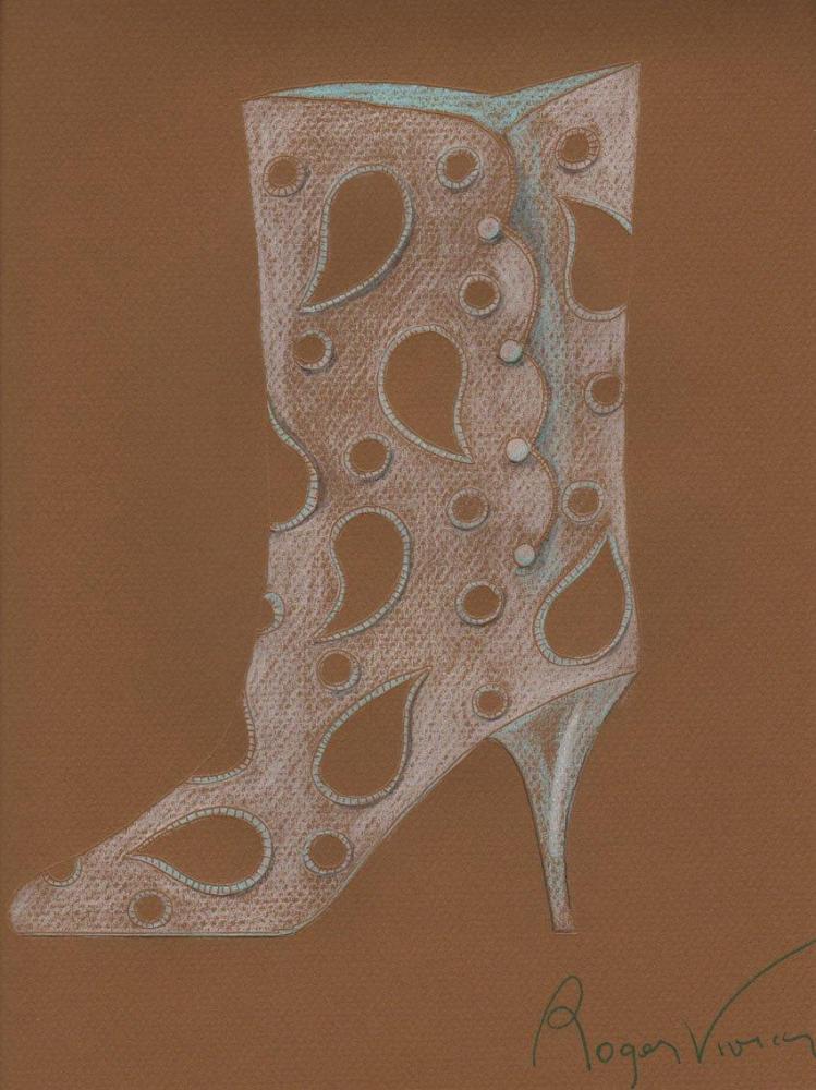 Roger VIVIER (1907-1998), circa 1963 / 1970

Projet de bottines sur papier canson camel au crayon de couleur, motifs ajourés, talon aiguille. Signature en bas à droite. 32 x 24 cm Voir reproduction planche 31
