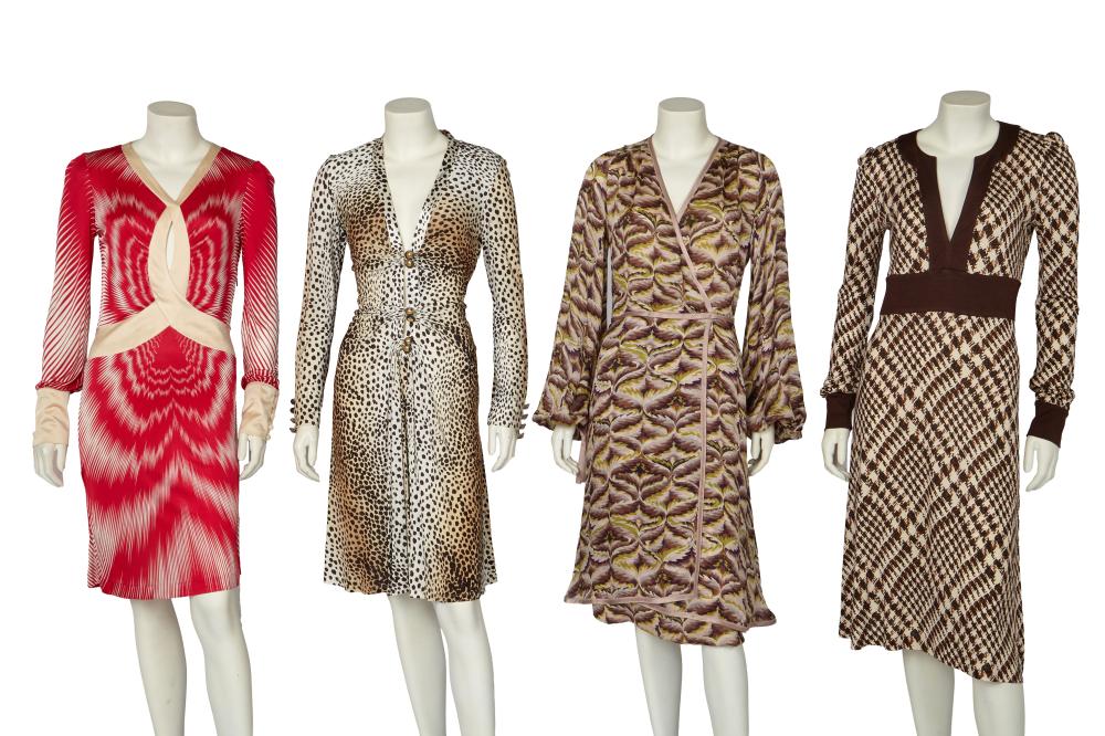 A group of printed designer garments, early 2000s

A group of printed designer garments, early 2000s

labelled, eight pieces, including: a Missoni jersey dress printed with red and white radiating stripes, with a cross-over cream keyhole neckline, bust 91cm 36in; a Missoni green, brown and cream marble print wrap-over dress with balloon sleeves, trimmed with taupe satin, bust 86cm 34in; a Roberto Cavalli animal print jersey dress with gilt buttons, ruched plunging V neck, bust 86cm 34in; a Diane von Furstenberg silk jersey dress, printed with cream and brown abstract patterns, bust 86cm 34in; and others (8)

Share this lot: