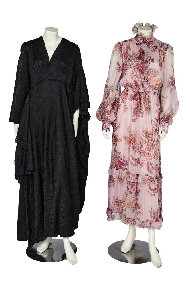 A group of designer evening wear, 2010s-2020s

A group of designer evening wear, 2010s-2020s

comprising: A Balenciaga by Demna Gvasalia black viscose dress, Spring-Summer 2021, with a V-neck, long sleeves, the right side of the skirt with an attached lace bodiced dress, and the left side of the dress with a button-down dress attached to the side seam, with an asymmetric raw-edge hem, labelled, size 34, bust approx 86cm 34in; an Etro pink printed silk chiffon dress with ruffled collar, gathered cuffs, tiered maxi-length skirt, labelled, size 40, bust 91cm 36in; an Oscar de la Renta black nylon lace skirt with inner miniskirt and fuller lace overskirt, labelled, size 8, waist 71cm 28in; a bias-cut silk chiffon gown entirely beaded with black beads in scrolling foliate designs, with plunging ’V’ nec, open back, unlabelled, bust 91cm 36in; a pair of Gucci by Alessandro Michele Marmont fringed gold leather heeled loafers, labelled, size 37; and a pair of black Saint Laurent leather platform sandals, labelled, size 37.5 (7)

Share this lot: