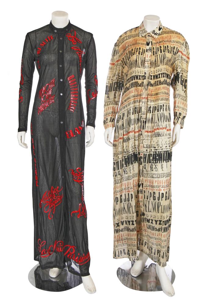 Two Jean Paul Gaultier text-printed dresses, mid-late 1990s

Two Jean Paul Gaultier text-printed dresses, mid-late 1990s

comprising: a Rudi Gernreich-inspired ivory cotton dress printed with black and red letters in different typefaces, with shirred bodice, snap closures, JPG circle label, size M, bust 107cm 42in; a black polyamide dress heat-transfer printed with phrases relating to Paris, pearlescent button closure, Femme label, size GB 10, bust 102cm 40in (2)

From the Wardrobe of Romilly, Lady McAlpine

Rudi Guernrich famously created a similar typeface dress for his Fall 1968 collection. Peggy Moffitt would go on to re-edition the design in collaboration with Comme des Garçons in 2003

Share this lot:
