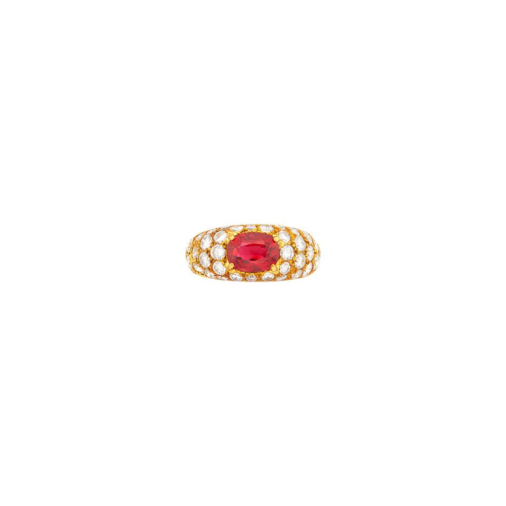 Property of a Prominent CollectorOne oval red spinel weighing 1.70 cts., 36 round diamonds ap. 1.60 cts., ap. 3 dwts. Size 4 1/4.
 
With AGL report no. 1154125 stating Burma (Myanmar) origin, with no gemological evidence of heat.

Red spinel: bright vivid slightly orangy red, cleanish center, moderately included at one end, chip at girdle, high crown angles, good transparency, very lively.Diamonds: G-H-I-VS, several SI, one small diamond Imperfect due to fractures.Nicely made. Width 5/16 inch.                            
Any condition statement is given as a courtesy to a client, is an opinion and should not be treated as a statement of fact and our Organization shall have no responsibility for any error or omission. Please contact the specialist department to request further information or additional images that may be available.