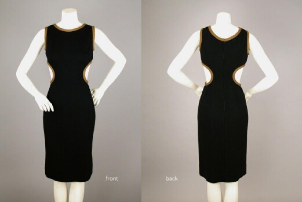 Rudi Gernreich Knit Dress

Lot 549
Rudi Gernreich Knit Dress
 1960s 
 Black sleeveless knit sheath with large side cutouts and coffee color trim, size 4, labeled: Rudi Gernreich Design Harmon Knitwear/California. 
Very good condition.