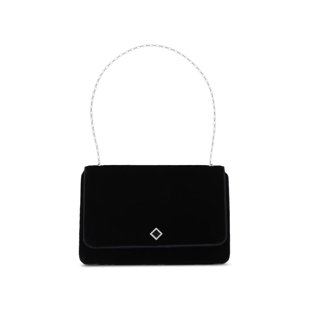 ART DECO DIAMOND, ONYX AND VELVET EVENING BAG

Opening to reveal a singular compartment, old-cut diamonds, square-shaped onyx plaque, black velvet, 14k yellow gold and platinum, circa 1920, white enamel, numbered 
Size/Dimensions: 14.6 x 10.1 cm (5¹⁄₄ x 4 in); chain drop 16.5 cm (6¹⁄₂ in) 
Gross Weight: 47.5 grams