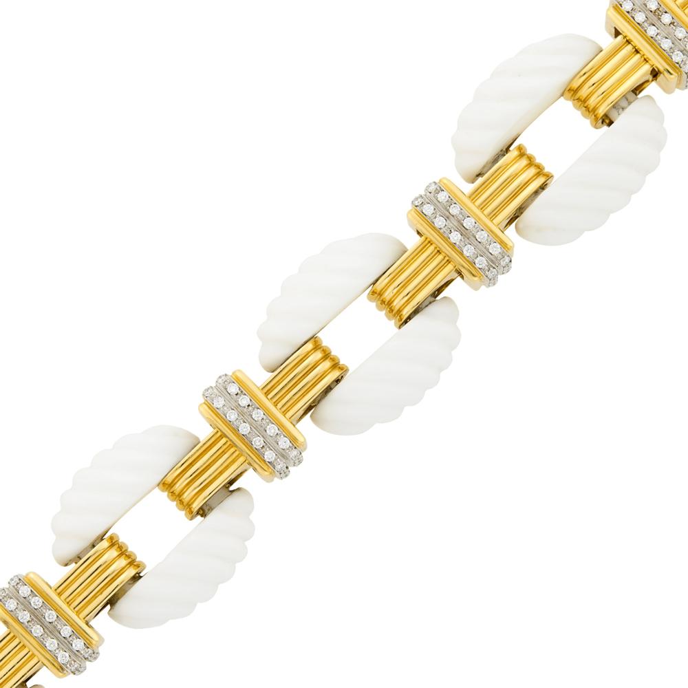 Property from the Collection of Augusta Patton18 kt. yellow and white gold, 130 round diamonds ap. 3.00 cts., ap. 84.5 dwts. gross. Length 6 1/2 inches.

Diamonds: H-I-VS.Width 1 inch.                            
Any condition statement is given as a courtesy to a client, is an opinion and should not be treated as a statement of fact and our Organization shall have no responsibility for any error or omission. Please contact the specialist department to request further information or additional images that may be available.