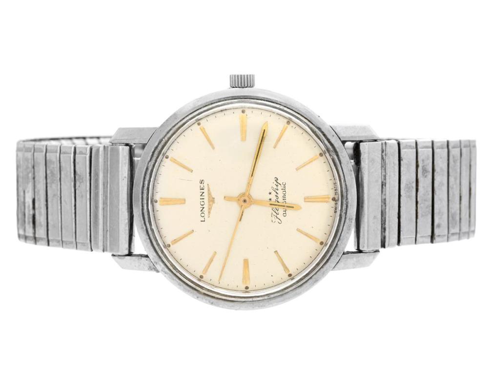 Watches

Longines

LONGINES, Flagship, Cal 340, Serial no. 11585604, Case no. 3104-2/384, men´s wristwatch, 35 mm, steel, self winding, plastic crystal, damaged dial, approx. 1960, metal bracelet not original.