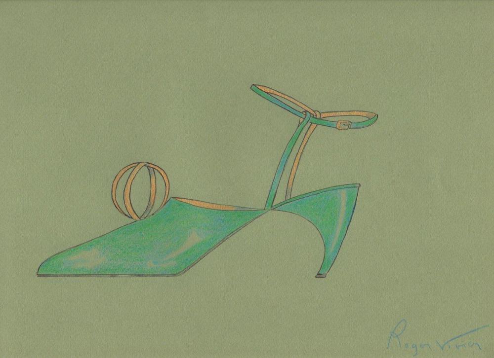 Roger VIVIER (1907-1998), circa 1963 / 1970

Projet de chaussure du soir aquarellé sur papier canson vert d’eau, empeigne ornée d’un motif métal, bride à la cheville, talon "Choc". Signé en bas à droite