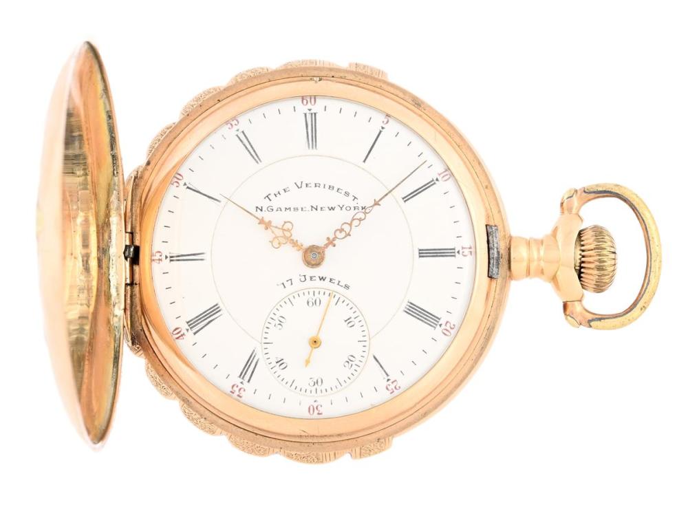 Watches

Pocket watches

THE VERIBEST, N.Gamse, New York, pocket watch, 51 mm, hunter, Serial no. 12016083, Case no. 196274, 14K multi coloured gold, lever escapement, cuvett in 14K gold, approx. 1900.