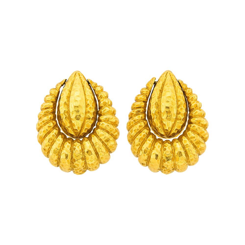 Property of a Distinguished Lady from Athens, Greece18 kt., signed Tiffany, ap. 25 dwts.

Clip-backs. 1 3/8 x 1 1/16 inches.                            
Any condition statement is given as a courtesy to a client, is an opinion and should not be treated as a statement of fact and our Organization shall have no responsibility for any error or omission. Please contact the specialist department to request further information or additional images that may be available.
