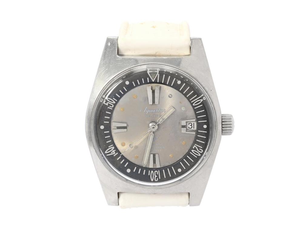 Watches

Aquastar

AQUASTAR, Genève, Seatime (200 Mètres/600 Feet, Swiss Made T), Cal AS 1902/03, Case no. 524986 / 1903, men´s wristwatch, 36,5 mm, steel, self winding, plastic crystal, date, relumed hands, damaged dial, rotatable inner bezel, rubber strap, approx. 1970.