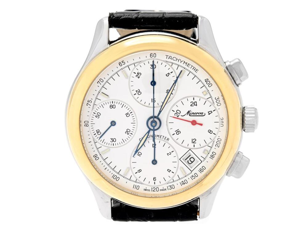 Watches

Minerva

MINERVA, chronograph, "Tachymetre", men´s wristwatch, 37 mm, Cal ETA 7750, Ref no. B241, Movement no. 212, Case no. 731223, bicolour, self winding, sapphire crystal (scratches/notches), damaged dial, leather strap, original steel buckle, approx. 1997.