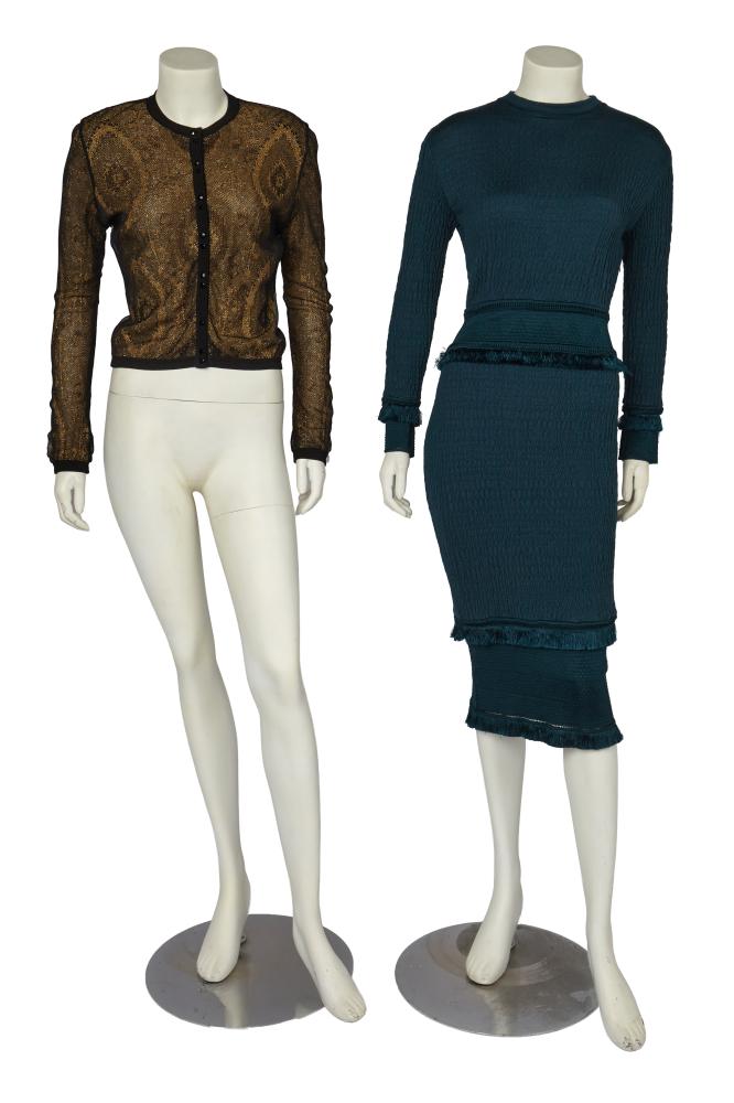 A group John Galliano knitwear, 1990s-2000s

A group John Galliano knitwear, 1990s-2000s

comprising: a teal-blue textured knit wool dress, Maori collection Autumn-Winter 1999-2000, formed from differing patterned bands trimmed with fringes, unlabelled, bust 86-92cm 34-36in, waist 66cm 26in; a gold and black knitted cardigan Spring-Summer 2008, overlaid with black tulle, labelled, bust 91cm 36in (2)

Share this lot:
