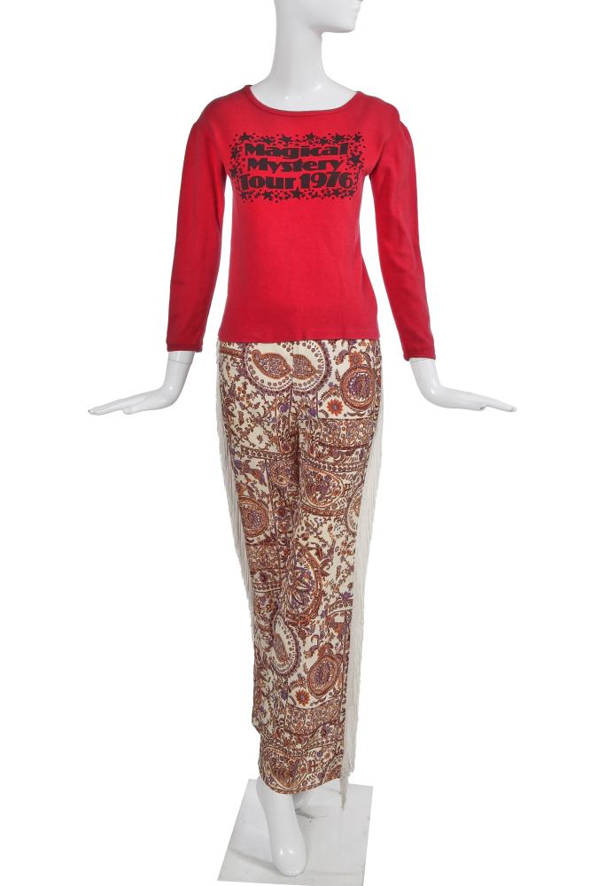 A ’Hippie’ ensemble, 1970s

A ’Hippie’ ensemble, 1970s

the red cotton t-shirt printed with stars and ’Magical Mystery Tour 1976’ to front and ’Roll Up Roll Up’ printed to the reverse, Marshall Lester labelled, bust 86cm 34in; the trousers printed with orange and brown paisley motifs, with white fringing to side seams, unlabelled, waist 71cm 28in (2)

The previous owner of this ensemble recalls that the t-shirt was made for the re-release of The Beatles ’Magical Mystery Tour’ in November 1976. She writes, ’My friend John Gould was head of Promotions at EMI . He invited me on the ‘Magical Mystery Tour’ to celebrate the re release of the album. They hired a coach for EMI staff and friends we were given the t shirts to wear. We had beverages and the music from the album playing and left Manchester Square not knowing where we were going! It was fun and exciting we ended up at a stage at Shepperton Studios to continue the party then we were driven back to EMI. One of the most fun evenings ever!’

Share this lot: